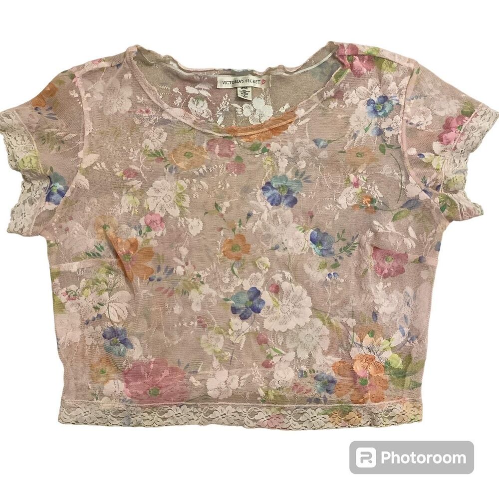 Vintage 90s-00s Victoria’s Secret Mesh and Lace Floral top